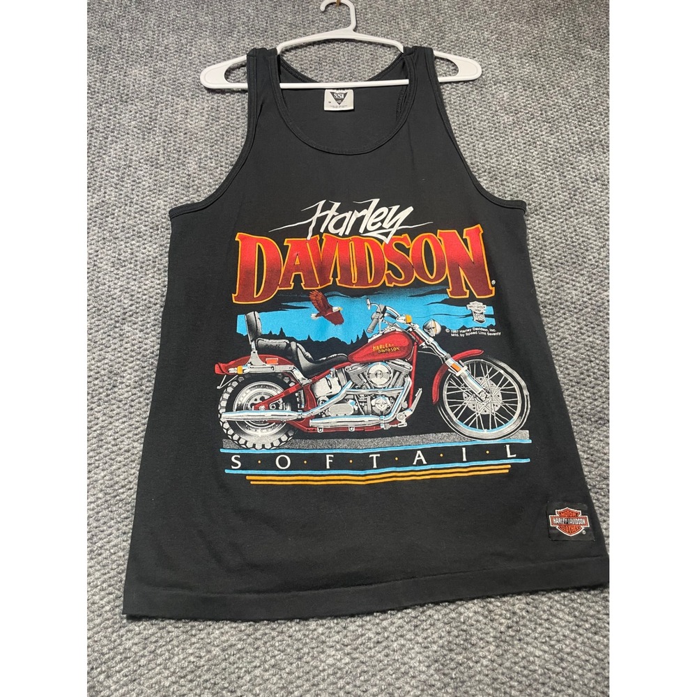 Vintage 1987 Harley Davidson Softail Graphic Tank Top Mens Medium Black SSI USA‎